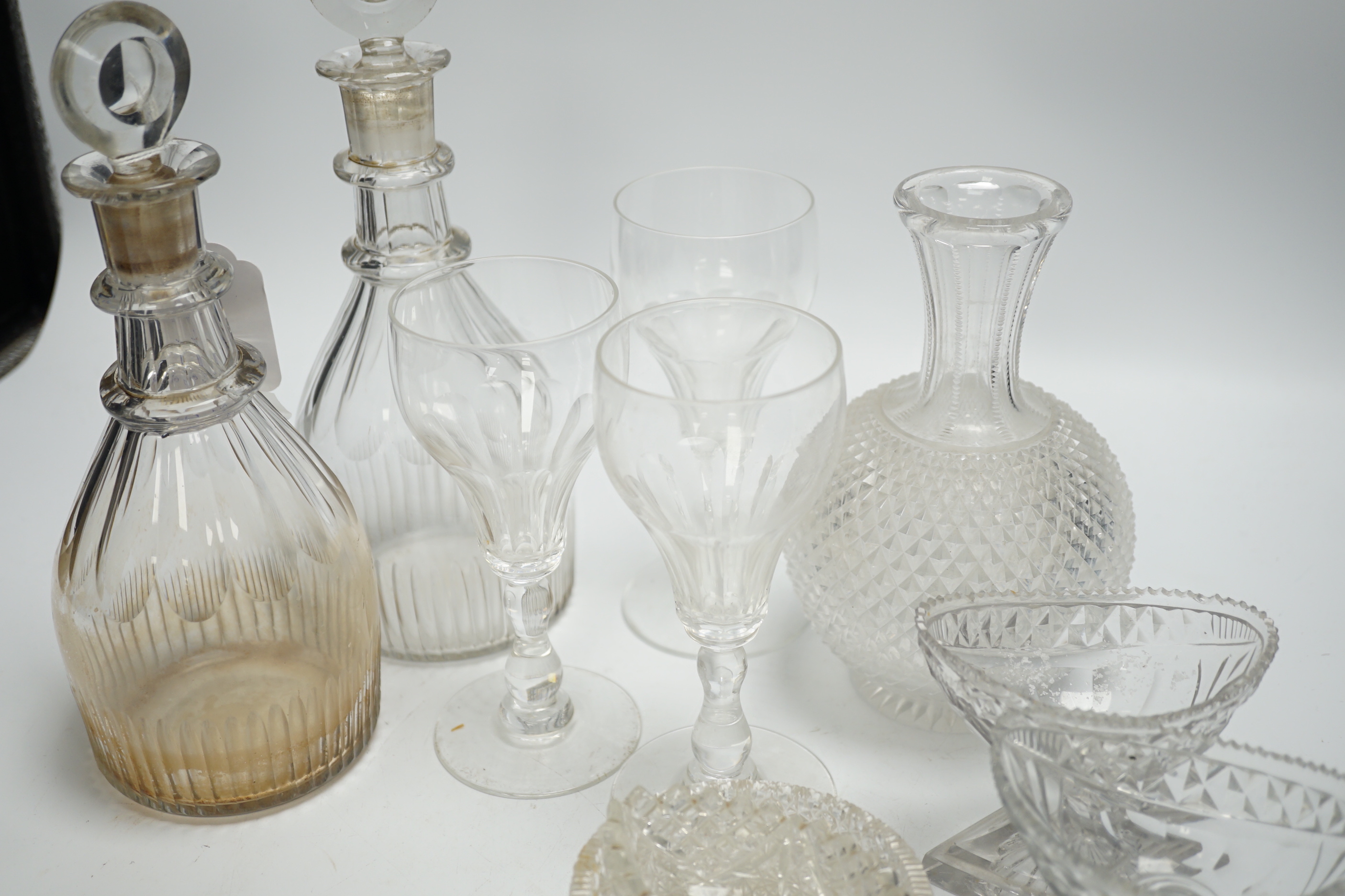 A pair of 19th century cut glass decanters, a collection of salts, etc., decanters 23.5cm including stoppers (11)